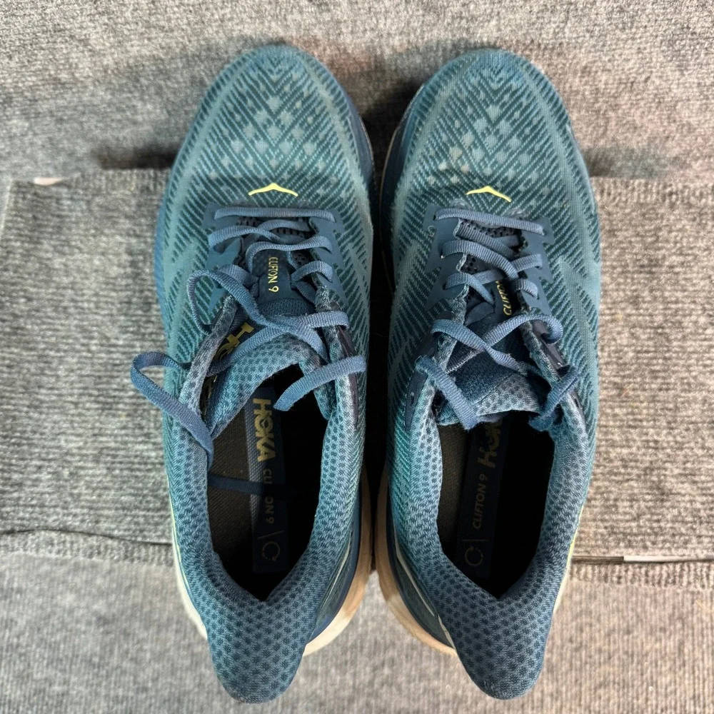 Hoka Clifton 9 Mens Teal Blue Yellow Running Shoes 1127895-BBLC Size 11